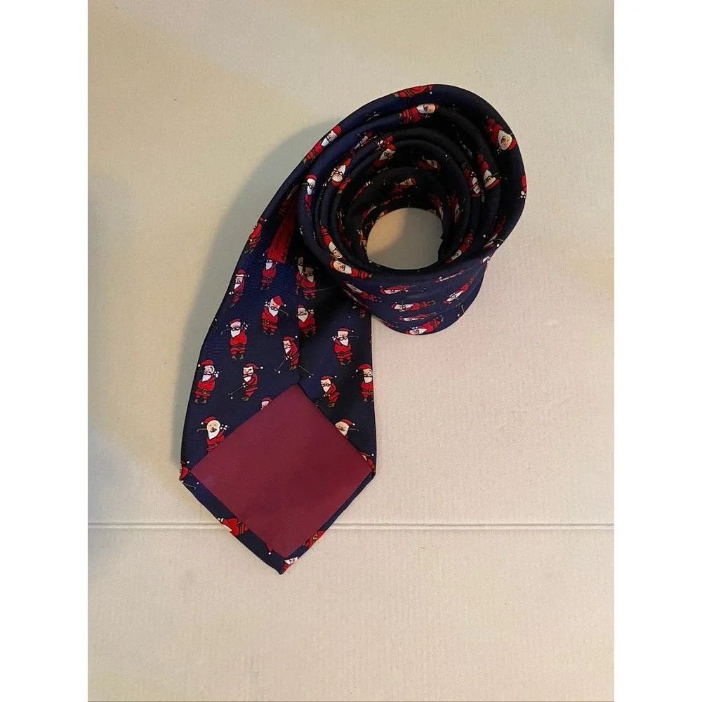 Alynn Neckwear Mens Golfing Santa Christmas Silk Tie Navy Blue Made in USA